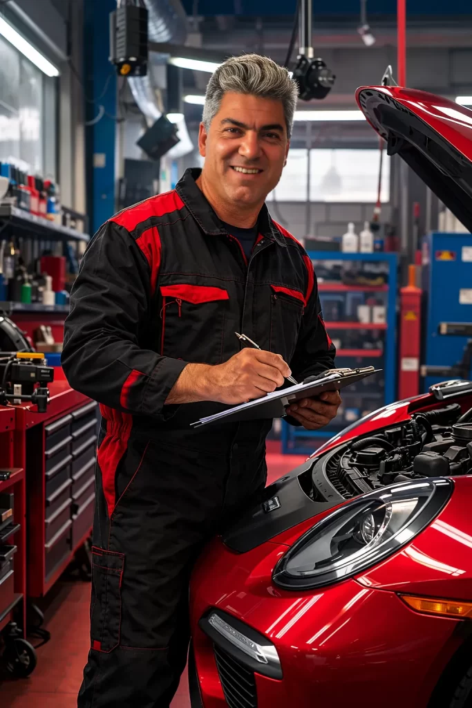 Technician recording service details on a clipboard beside a car in the workshop