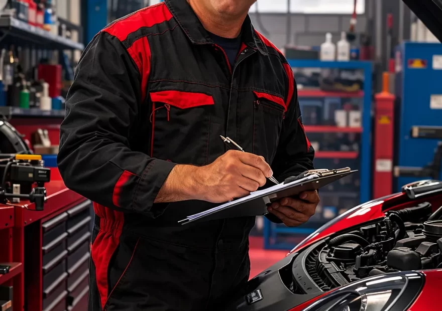 Technician recording service details on a clipboard beside a car in the workshop
