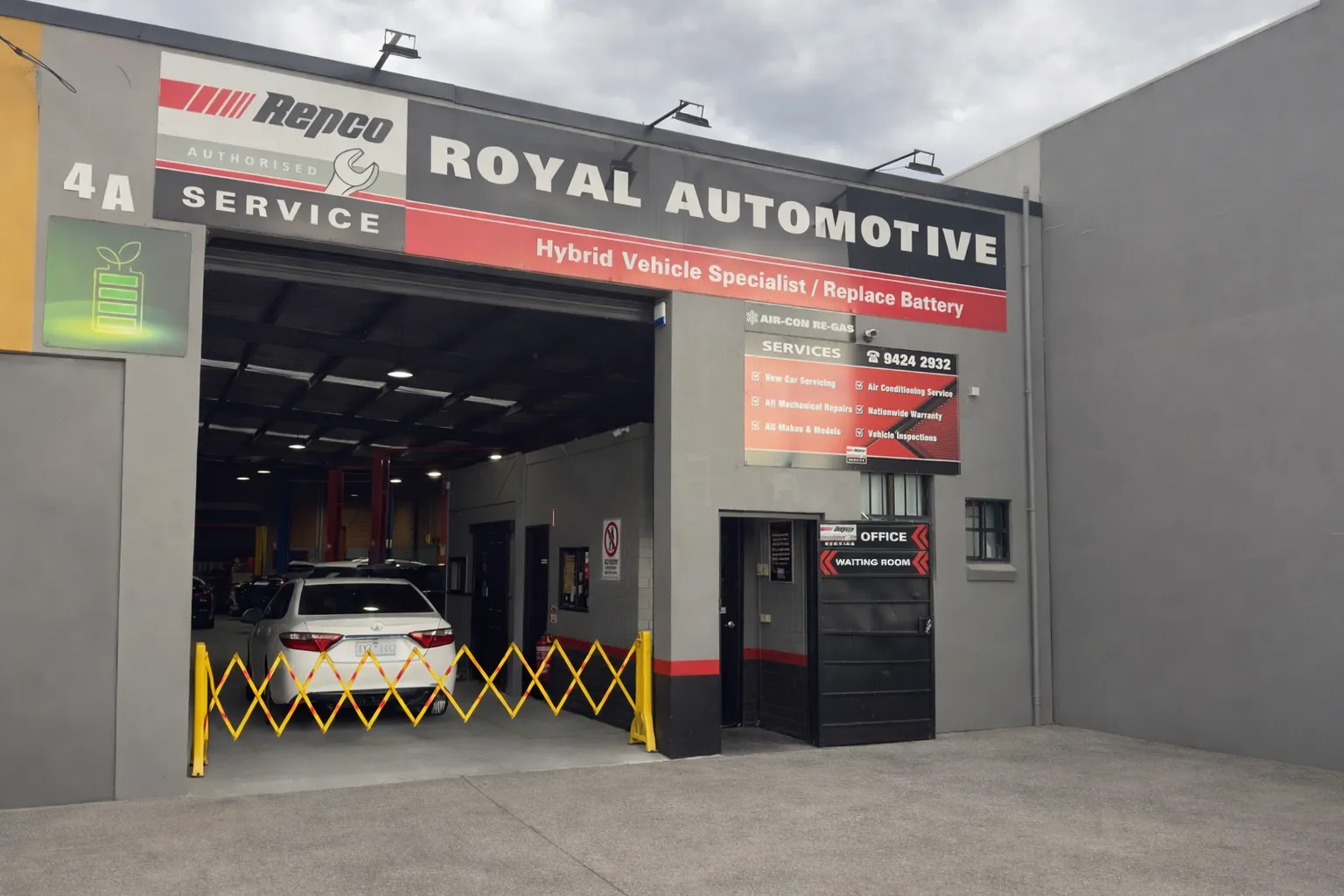 Front of the Royal Automotive workshop in Epping with Repco Authorised Service signage